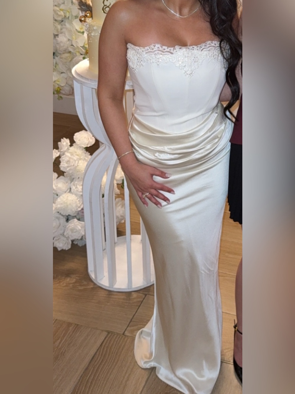 House of CB Ivory Satin Strapless Lace-Trim Maxi Dress